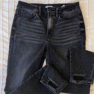 Good American Black Washed High-Rise Ankle Jeans with Raw Hem